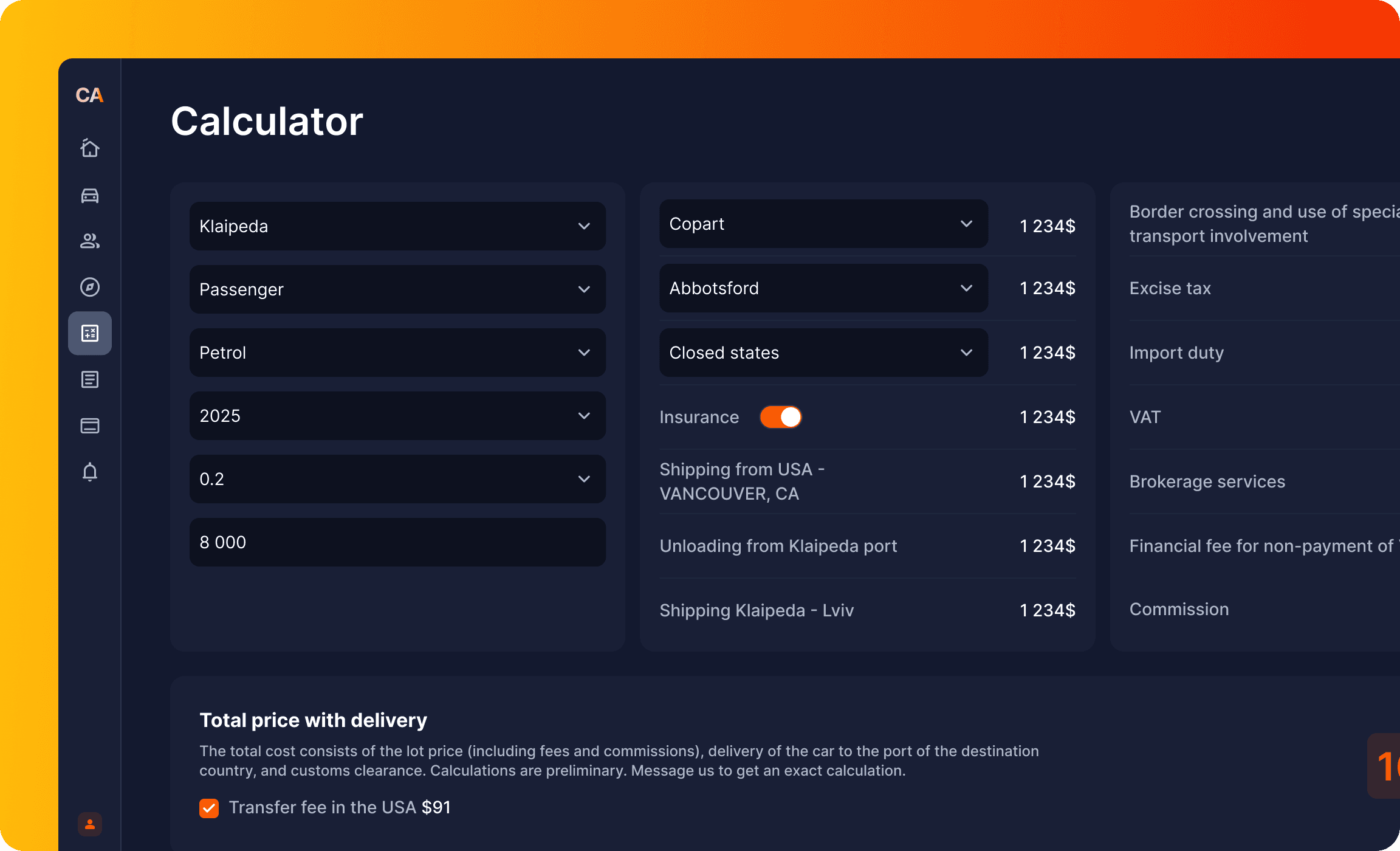 Car customs clearance calculator