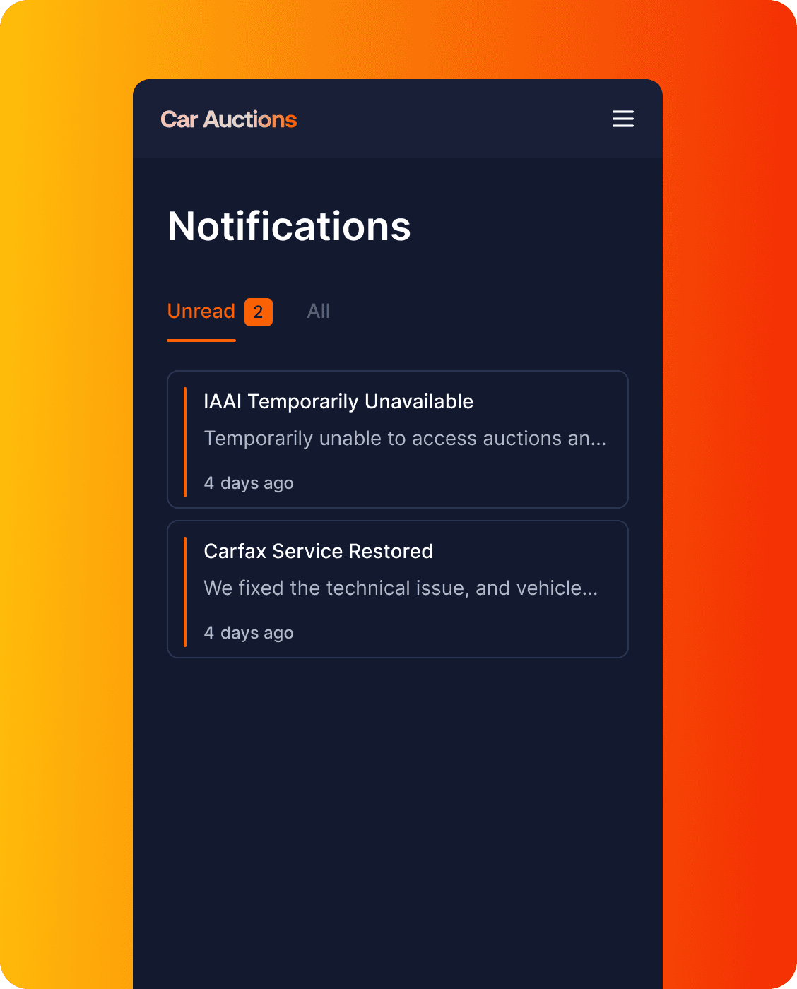 Car Auctions notifications