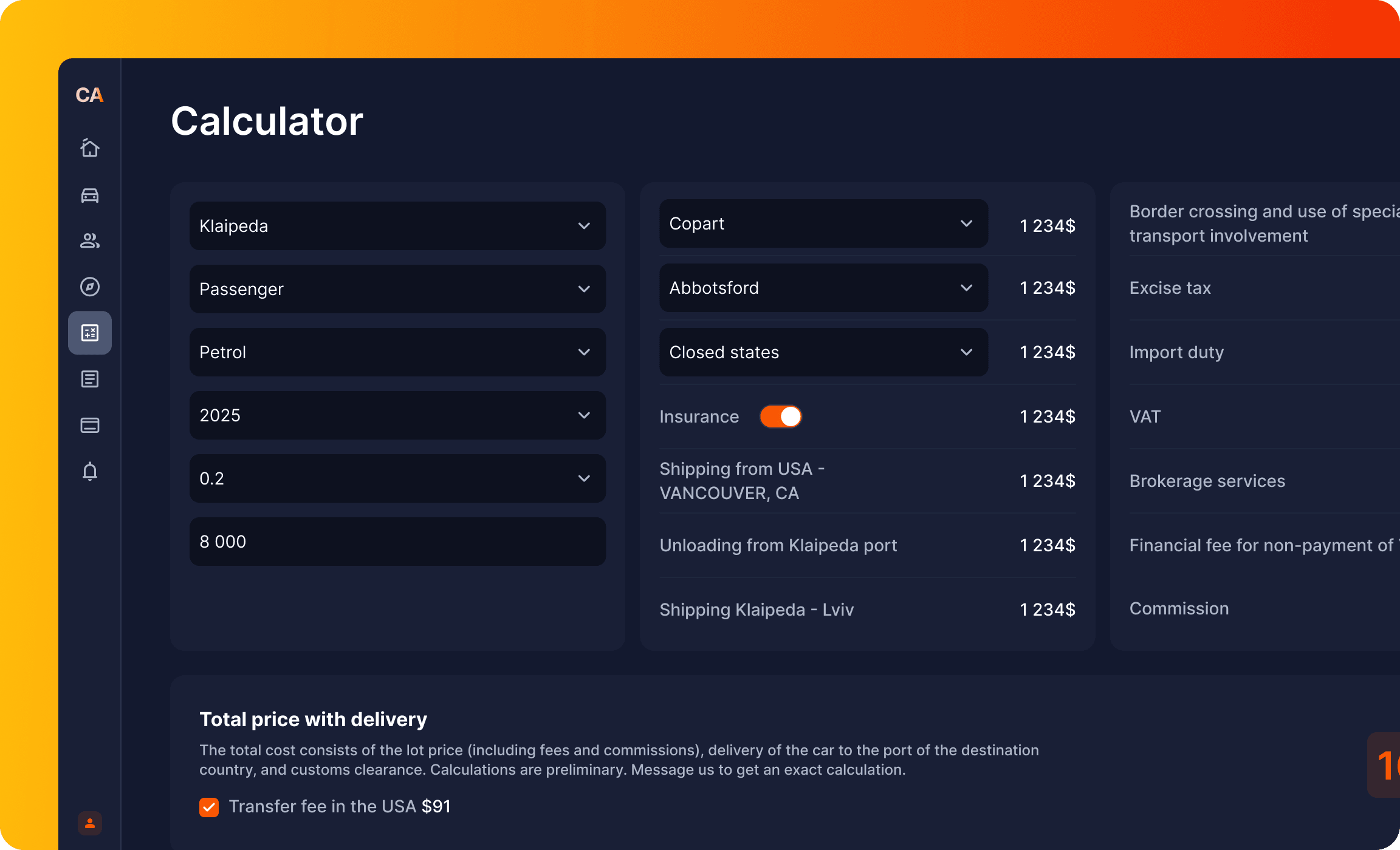Car customs clearance calculator